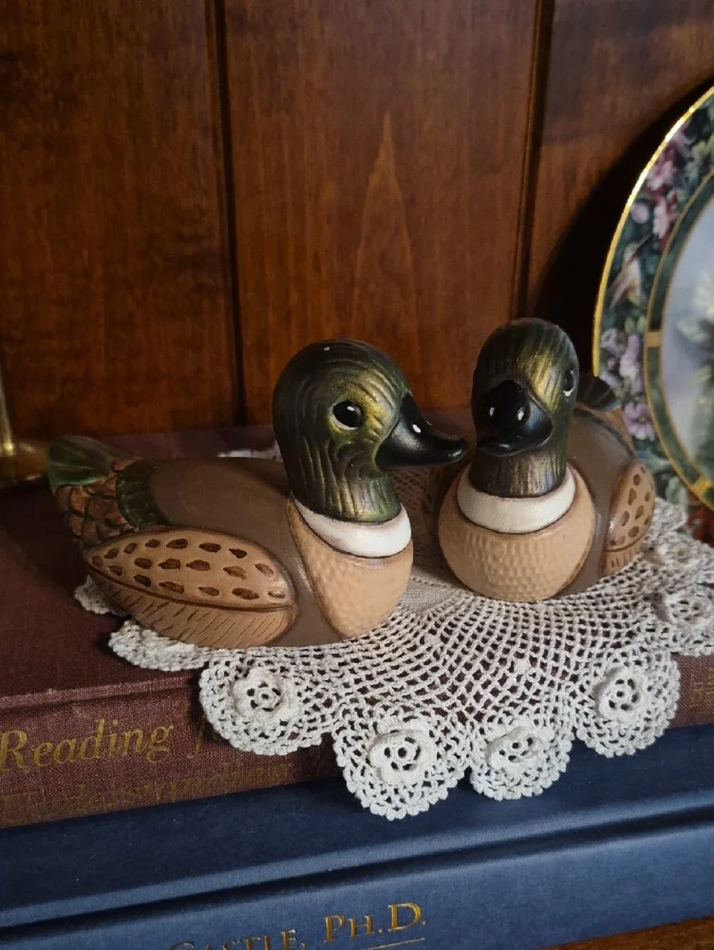 Vintage Ceramic Hand Painted Brown and Green Decorative Duck Pair